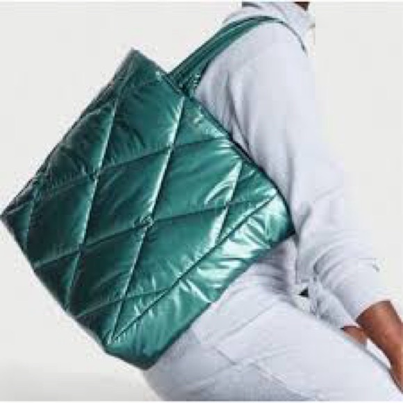 Victoria Secrets Tote Bag Teal Green Holiday Quilted Duffle Large Weekend - Picture 1 of 13